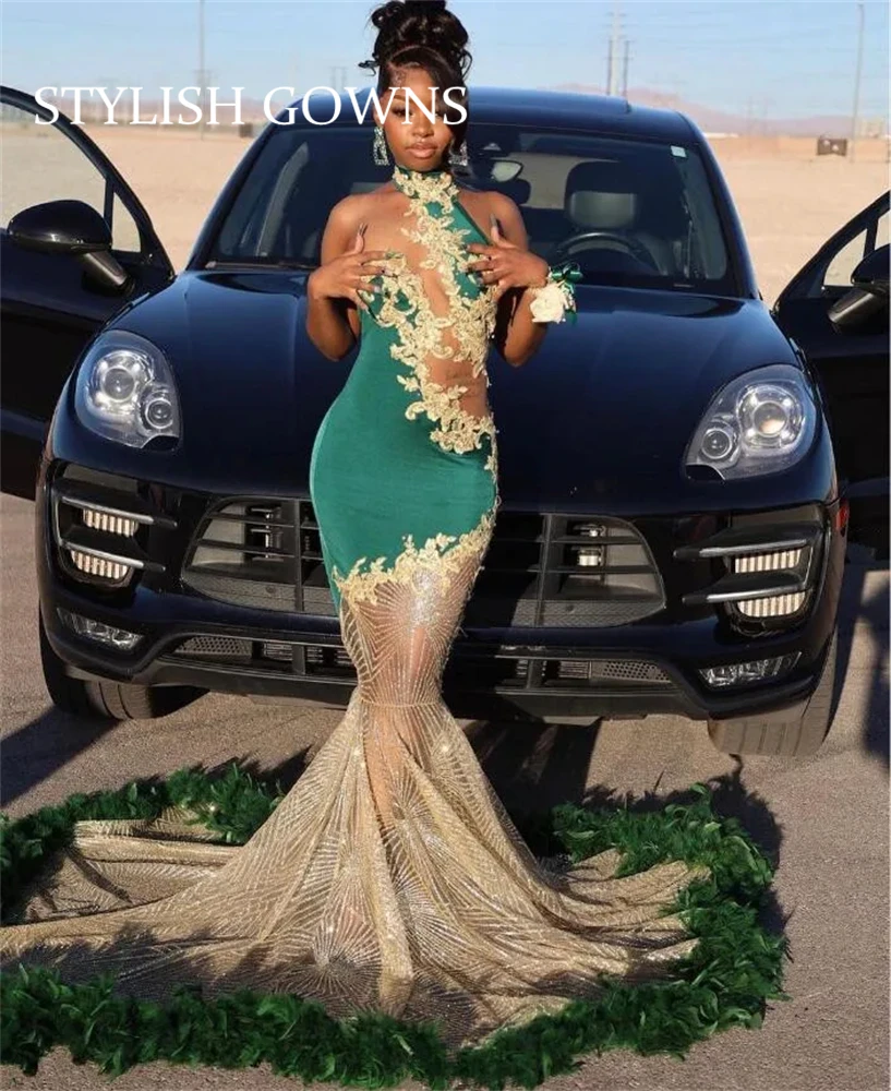 

Green High Neck Long Prom Dress For Black Girls Gold Appliques Birthday Party Gowns Feathers Formal Gown Robe De Bal