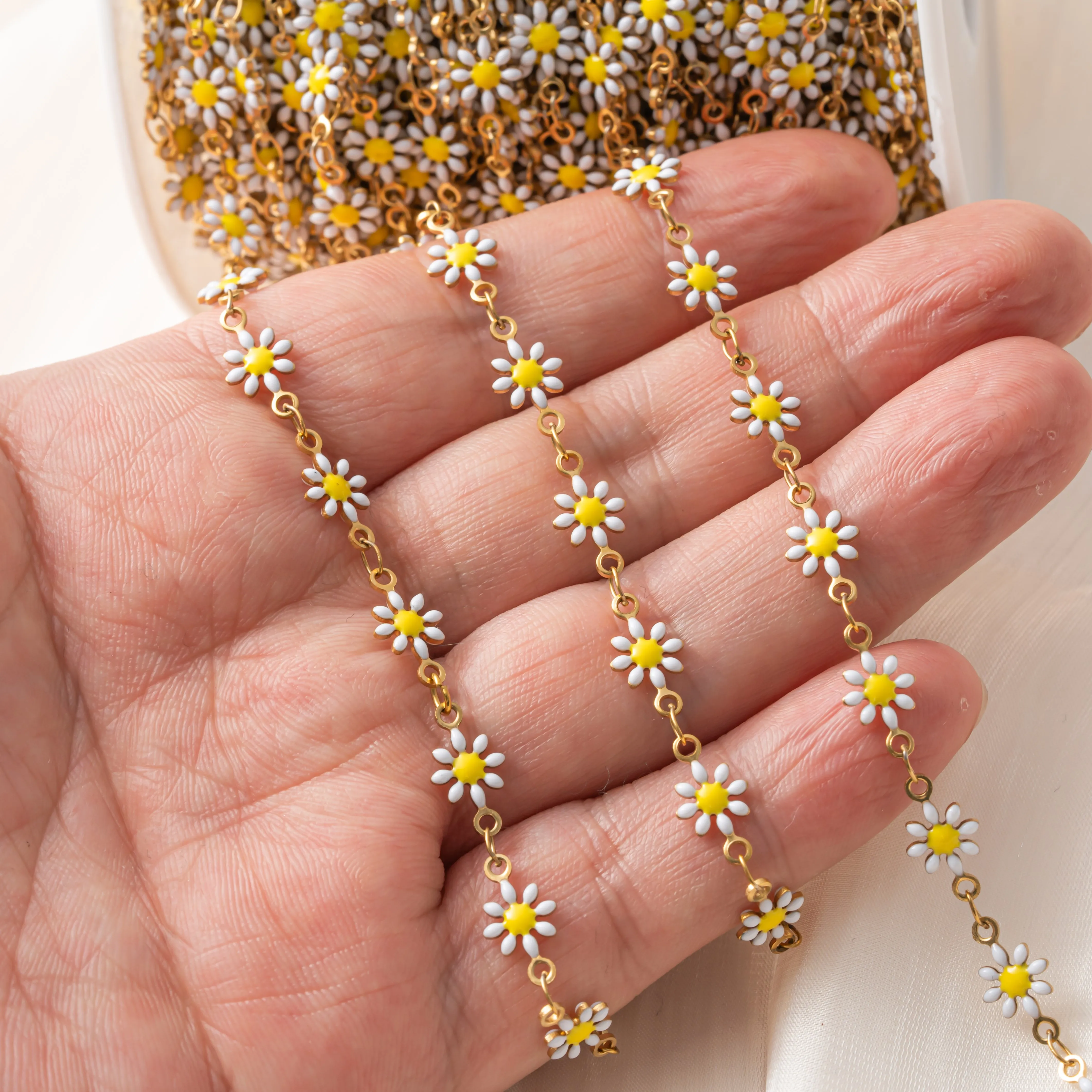 1 Meter Gold Edelstahl Emaille Gänseblümchen Blumen Charms Gliederkette für Armband Halskette Schmuck Handwerk DIY Zubehör – Detail 4