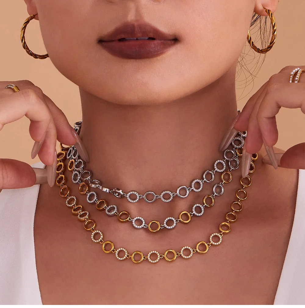 Goldfarbenes, silbernes, rundes Halsketten- und Armband-Set für Damen, Edelstahl 316, vergoldeter Halsketten-Halsband, wasserdichter Schmuck – Detail 5