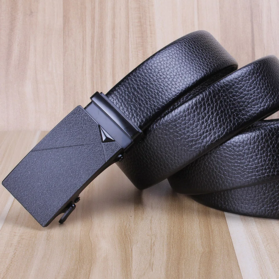 Business Men Cowhide Belt Casual Travel Automatic Buckle Black Leather Belt Lychee Pattern 120cm Jeans Waist Seal Wear-Resistant