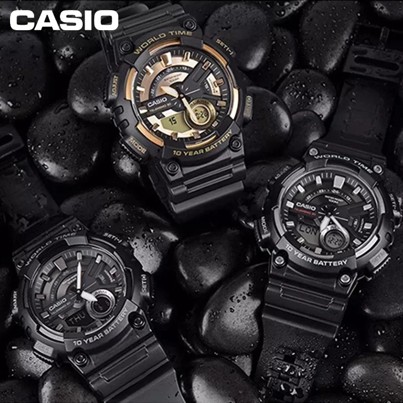 Casio-Samurai Relógio Samurai Dual Dial Masculino, AEQ-110W, Preto, Multifunções, Limite de Calendário, Star Style, Moda, Ação