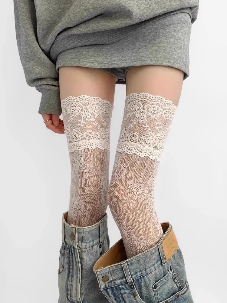 Damen Y2K Sexy Netzstrümpfe mit Spitzenbesatz, atmungsaktive JK Overknee-Socken, lange Lolita-Stiefelsocken – Detail 7
