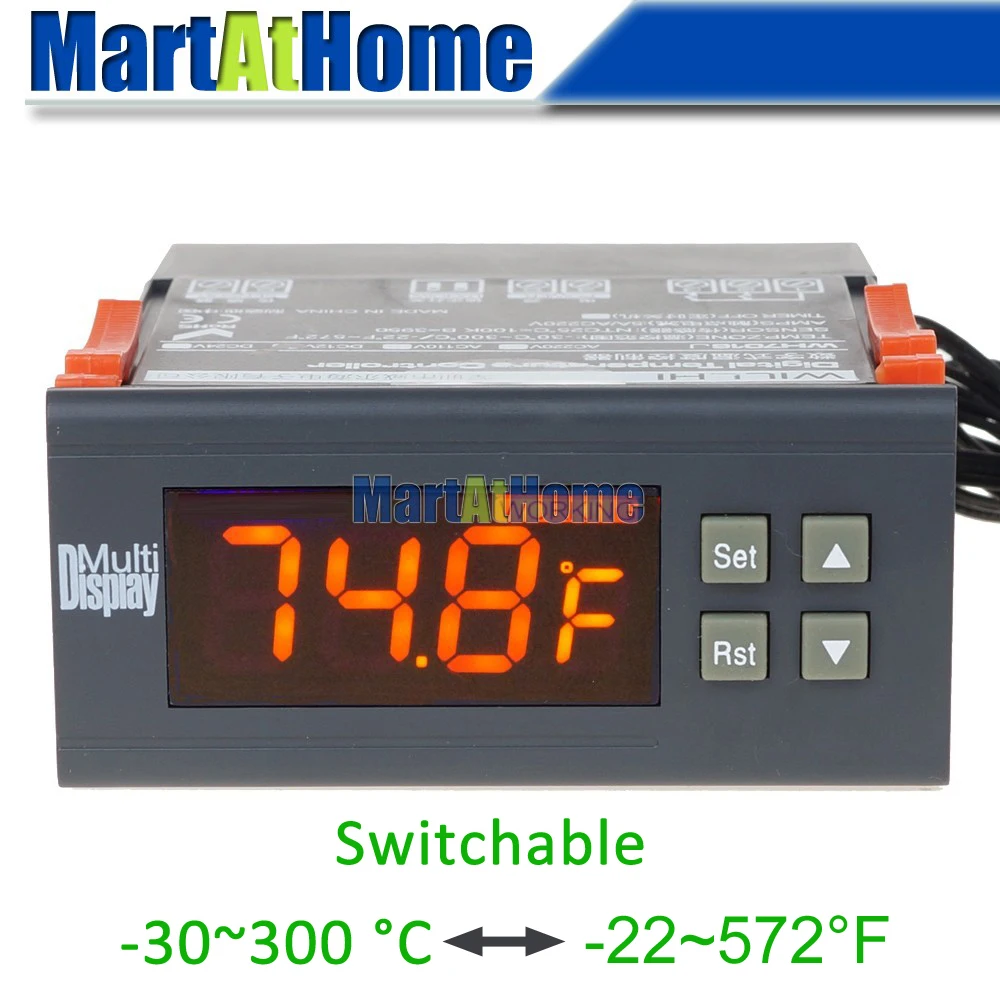 

WH7016J+ Switchable -30~300 C -22~572 F Digital Temperature Controller Electronic Thermostat w/ Alarmer+Probe 12/24/110/220V