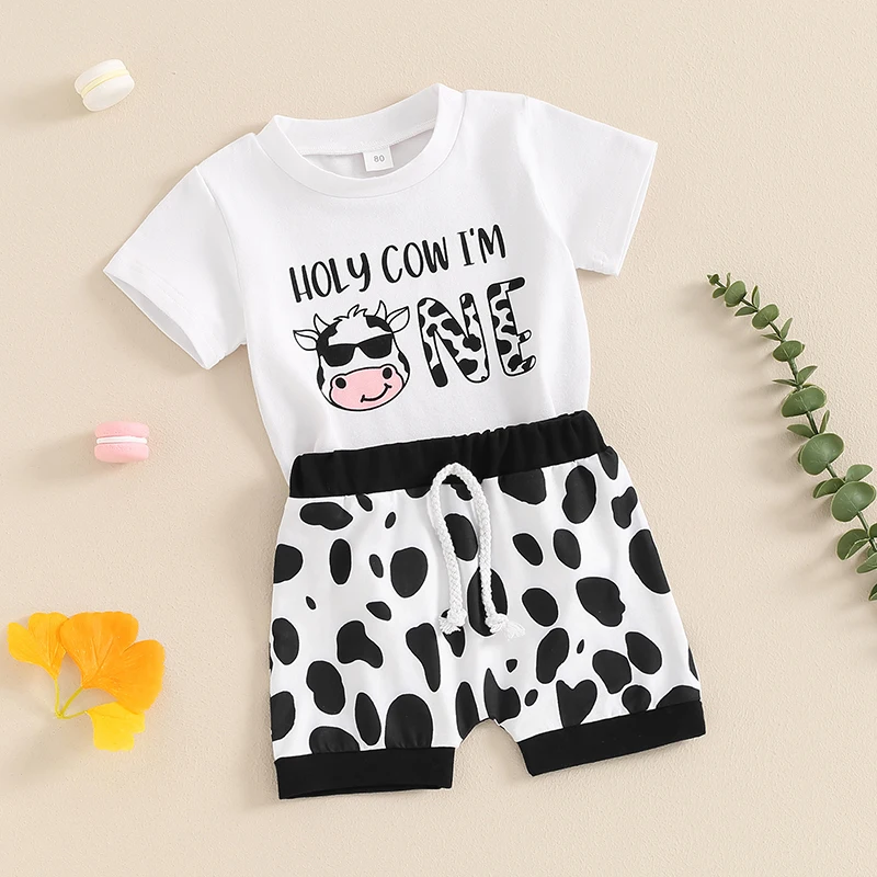 

Костюм на день рождения для маленьких мальчиков, футболка с коротким рукавом с буквенным принтом и шорты с коровьим узором