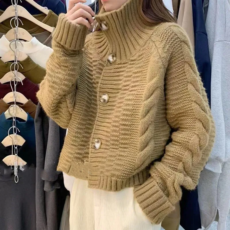 

Sweaters for Women Knitted Heavy Twist Short Chic Style Korean Half Turtleneck Long-sleeved Sweater Autumn and Winter Coat