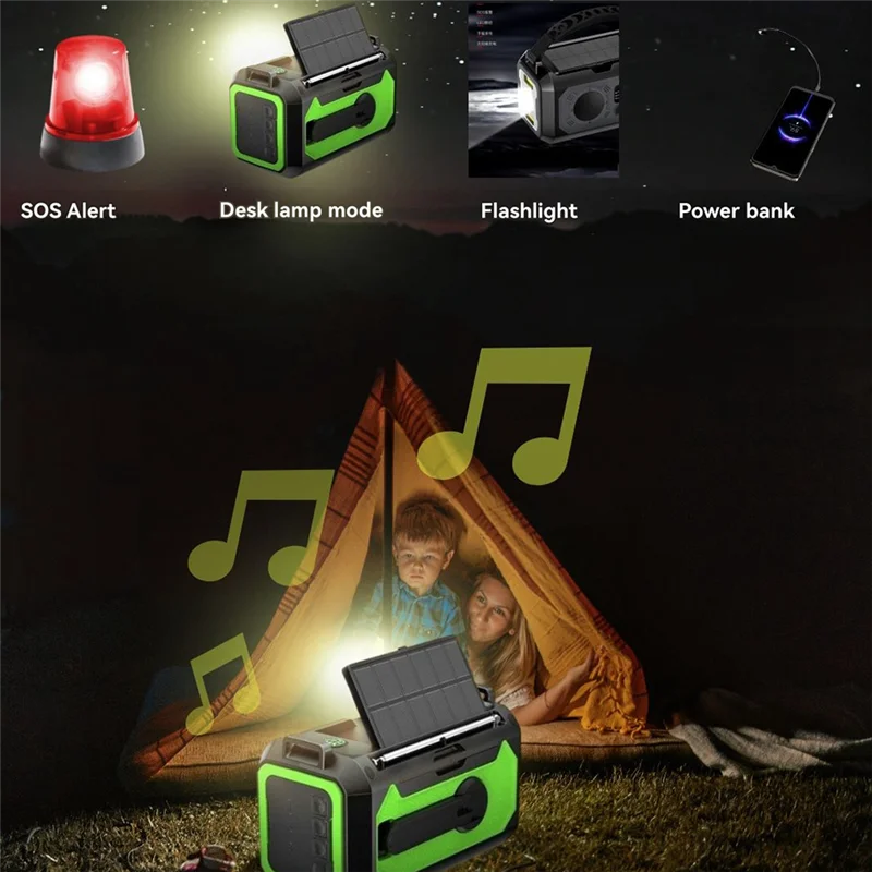 T24C 태양열 구동 12000Mah 핸드 크랭크 AM/FM/NOAA 라디오, 비상 SOS 경보 및 캠핑용 독서 등, 진한 녹색