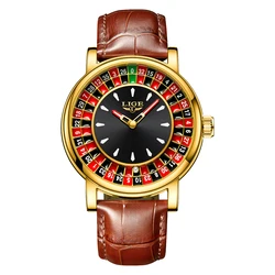 LIGE Elegant Brown Leather Men's Watch with Rotating Dial and Luminous Display (Gold)