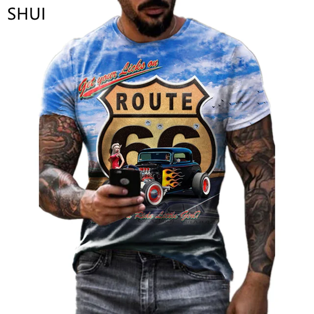 2022 Summer New Men's Retro T-Shirts US Route 66 Letter Print Short Sleeve Oversized Loose Clothes Crew Neck Top Streetwear 6xl S2077