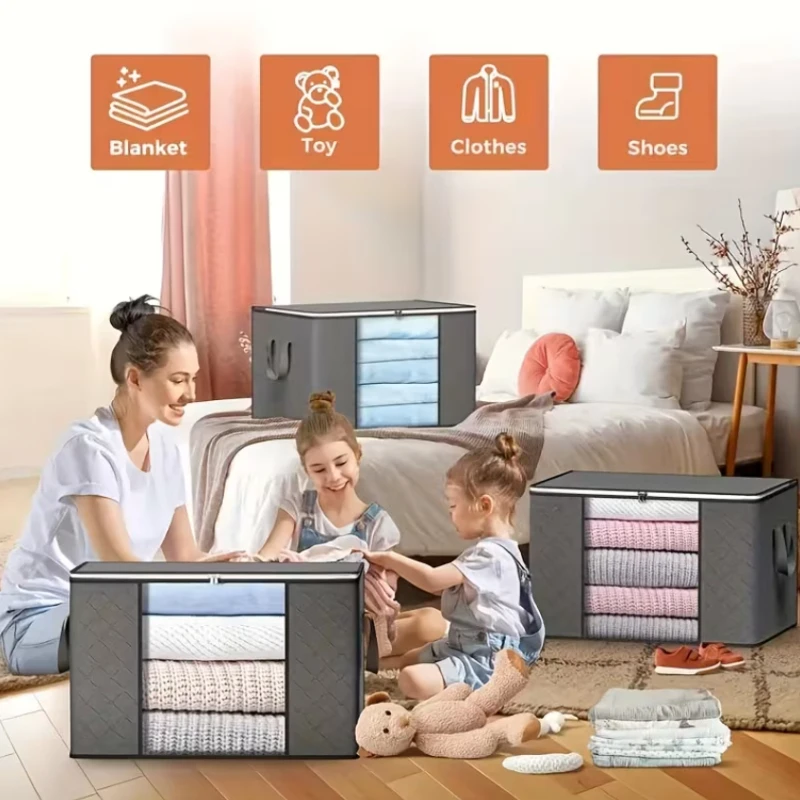 Set of 6 Large Black Storage Bags with Zippers And Lids, Holding 23.78 Gallons,Foldable And Durable Organizers for Bedding,Blank