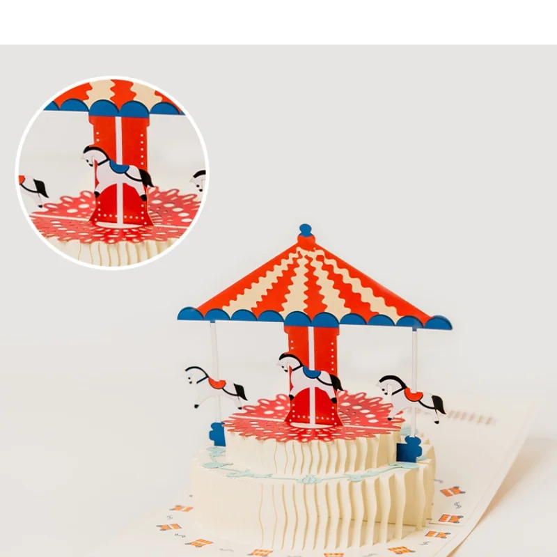 Happy Birthday Cards 3D Pop up Carousel for Kids Cute Cartoon Holiday Blessings With Envelope Children's Day