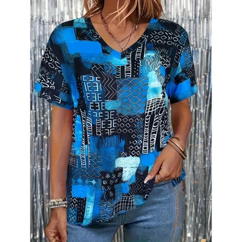 Women's T-Shirt V-Neck Short Sleeve Tops Vintage Geometry Graphic Print Loose Shirts Female Casual Plus Size Clothing Floral 1