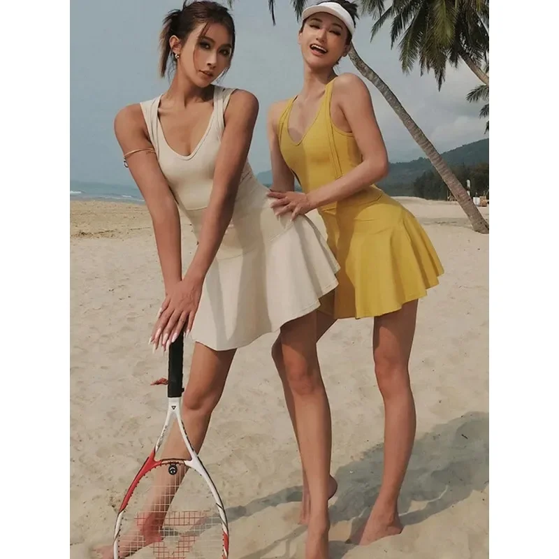 Dress Short Running Tennis Skirt Fake Two-piece One-piece Beautiful Back Yoga Suit Sports Fitness Suit Summer Women Tennisdress