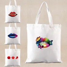 

Butterfly Lips Print Shopping Bags Women Tote Bag Casual Shopper Canvas Shoulder Bag Portable Eco Handbags Reusable Grocery Bags