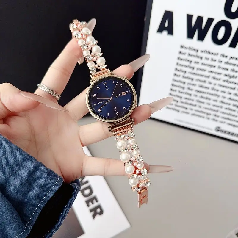 Elegant Pearl Beads Jewelry Bracelet Watch Band with Metal Diamond Accents
