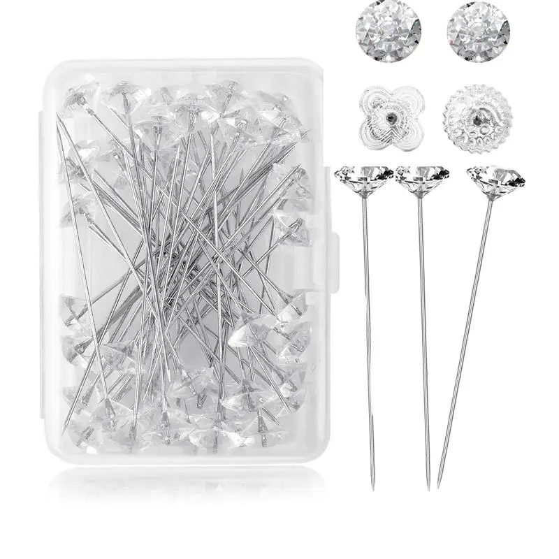 1Box 50/100Pcs Alloy Pins Transparent Diamond Pin DIY Wedding Bouquet Pins  Stitching Needles Plastic Box Sewing Accessories