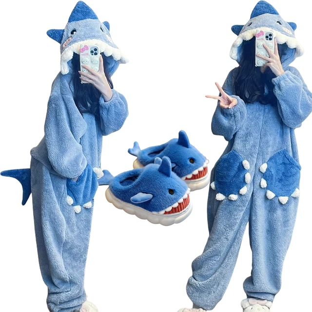 Cartoon Cute Shark Women's Hooded Sleepwear Kigurumi Unicorn Winter Cosplay Pijama jumpsuit Female Christmas Party Loungewear 1