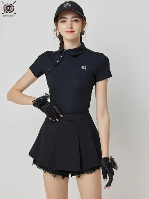 BG Golf Apparel Women's Short Sleeve T-Shirt Quick Dry Slim Fit Athletic Top High Waist Pleats Skirt Ladies Golf Tennis Clothes