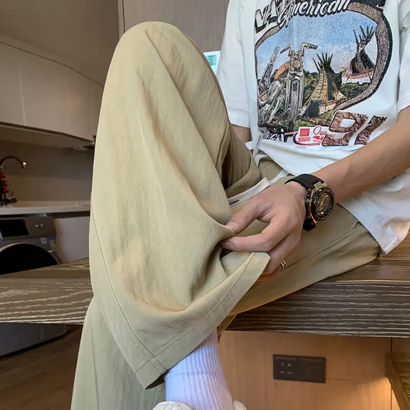 Cotton and Pants Summer Loose Fitting Leisure New Motion Sagging Sensation Straight Cylinder Sweatpants  Men's Pants Solid Color