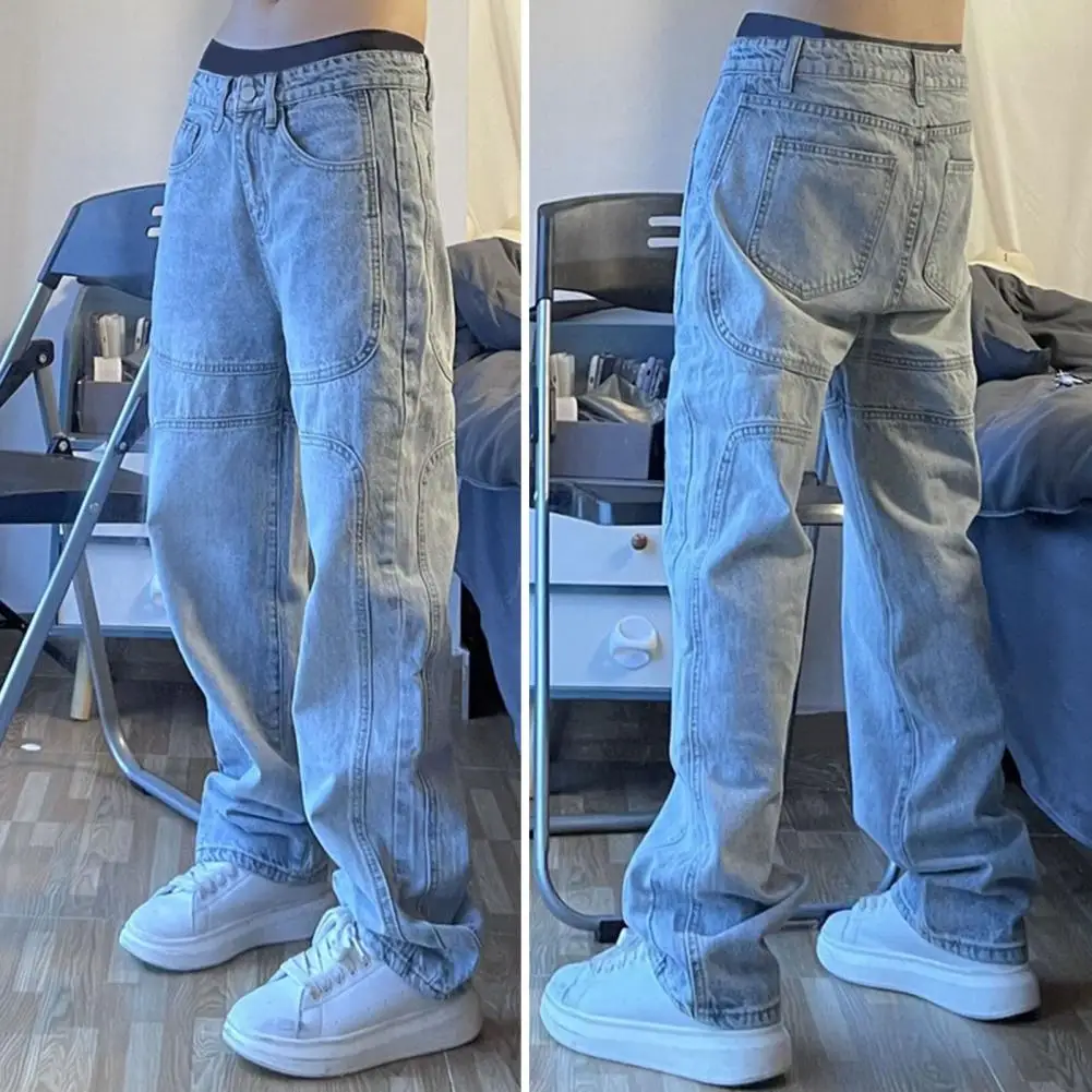 

Skinny Jeans Men Y2k Autumn Fashion Casual Vintage Fit Simple Solid Color Trousers Zip Faint Yellow Slim Denim Pants