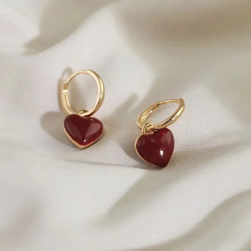 Dangle Earrings Wine Red Love Heart For Women Gold Color Circle Vintage Peach Drop Earring Fashion Jewelry