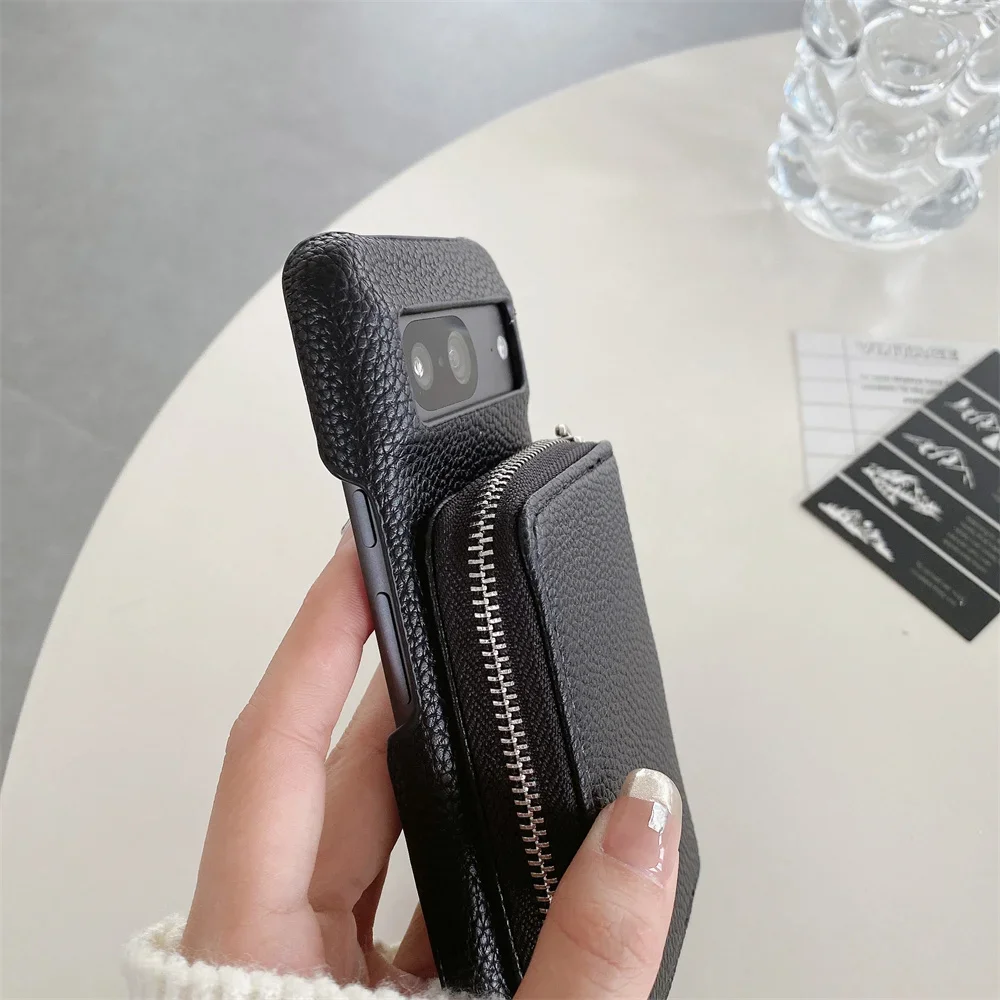 Leather Litchi Wallet Phone Case with Shoulder Strap and Card Holder Stand