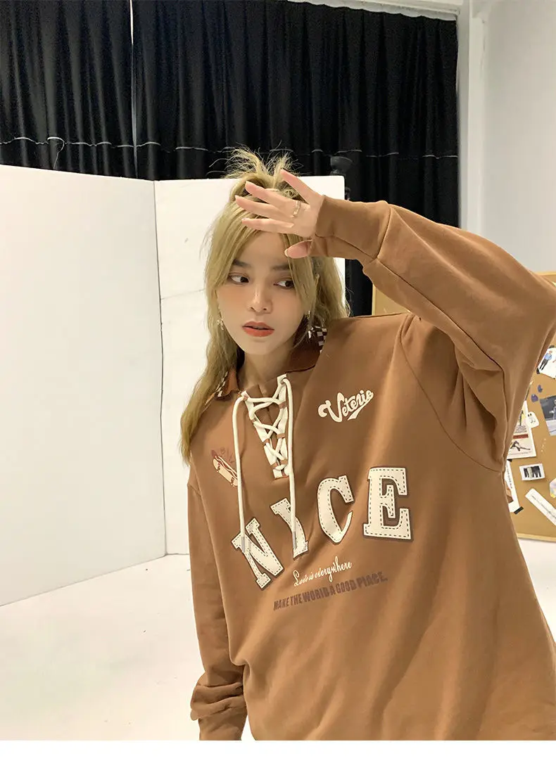 Harajuku Polo Korea Sweatshirt Oversized Women Pullover Vintage Streetwear Letter Print Long Sleeve Tops 2023 Fashion Designer