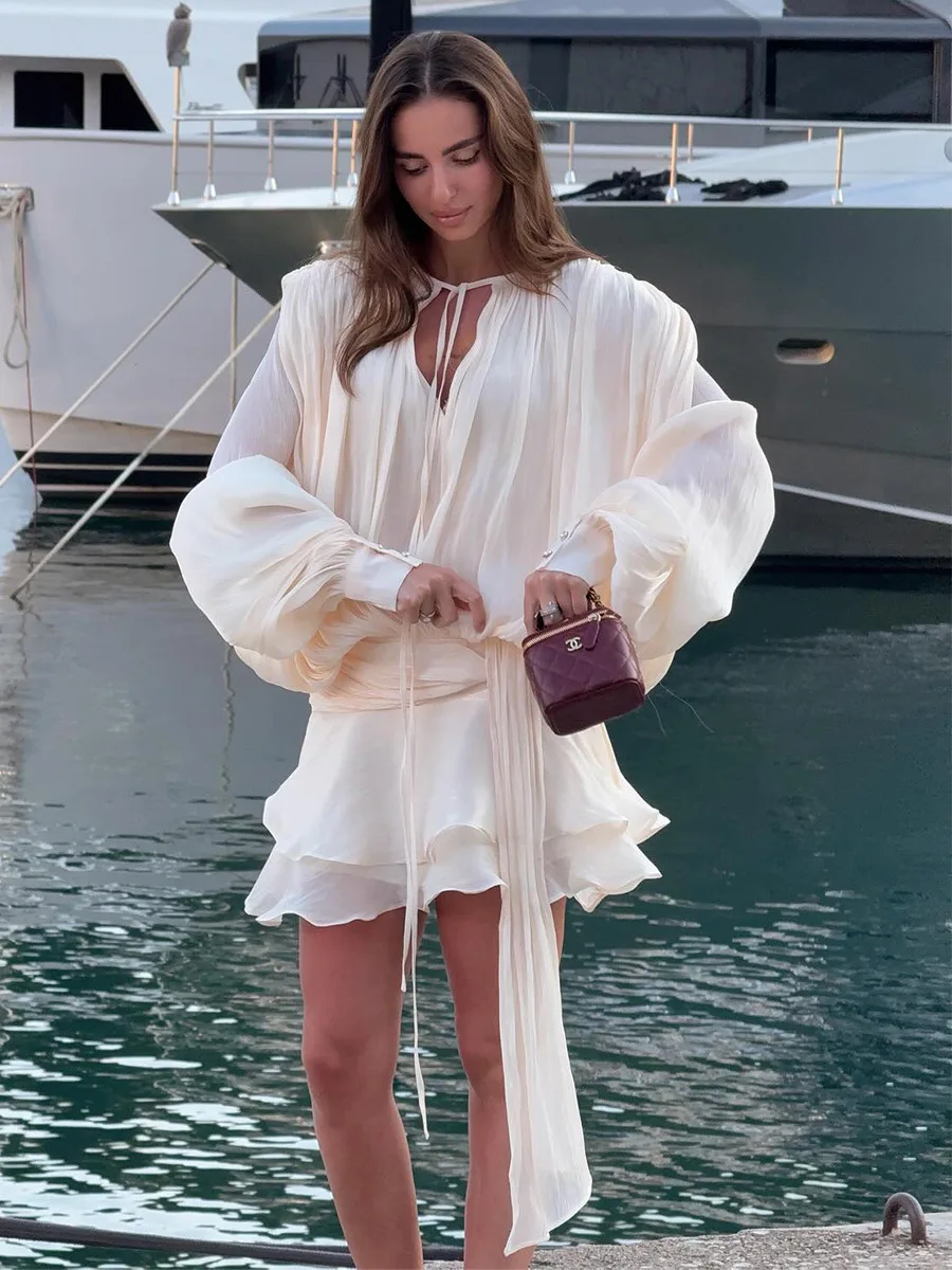 Bornladies 2025 Spring Summer Women's Elegant Pleated Mesh Party Dress Fashion Puff Sleeve Short Skirt Evening Daily Wear