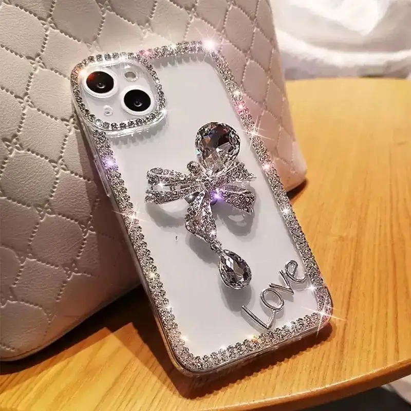 Transparent Cute Love Bow Phone Case with Bling Diamond Accents - Shockproof Clear Back Cover