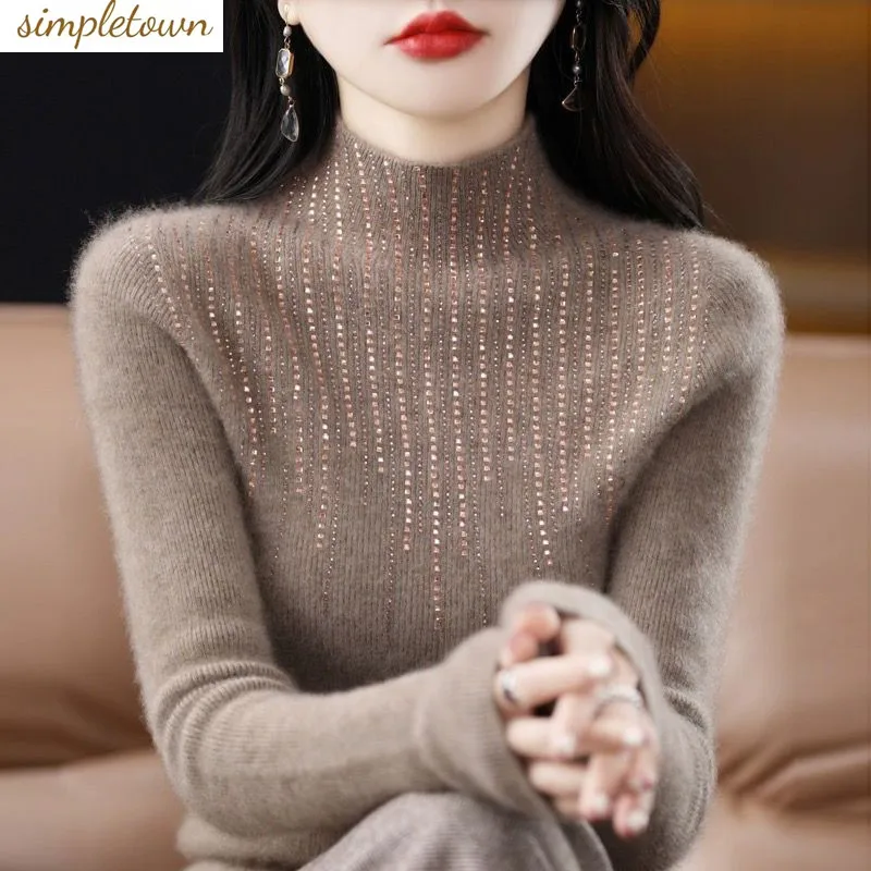 

Hot Diamond Half High Neck Sweater Women's Pullover Autumn and Winter New Fit Versatile Warm Knitted Sweater Women