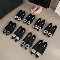 Pointed Flat Shoes for Women's Spring Summer New Shallow Cut  Suede Soft Sole Black Women's Shoes Ladies Large Size 44 1