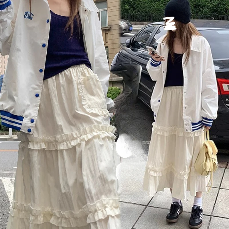 Pregnant Woman Cake Skirt with Pockets Sweet Lace Patchwork Ruffles Maternity Ball Gown Skirts Long Loose Pregnancy A-line Skirt