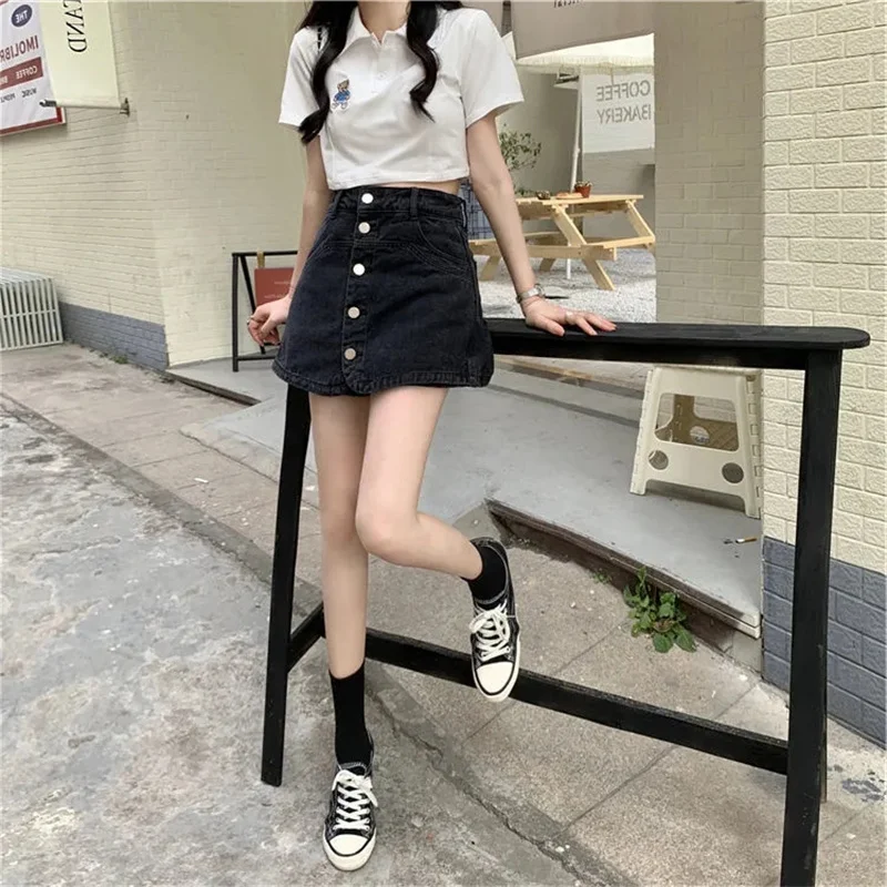 Summer Single-Breasted Denim Shorts Women Korean Fashion High Waist Jean Culottes 2023 Mini Pantskirt Blue Black Baggy Shorts