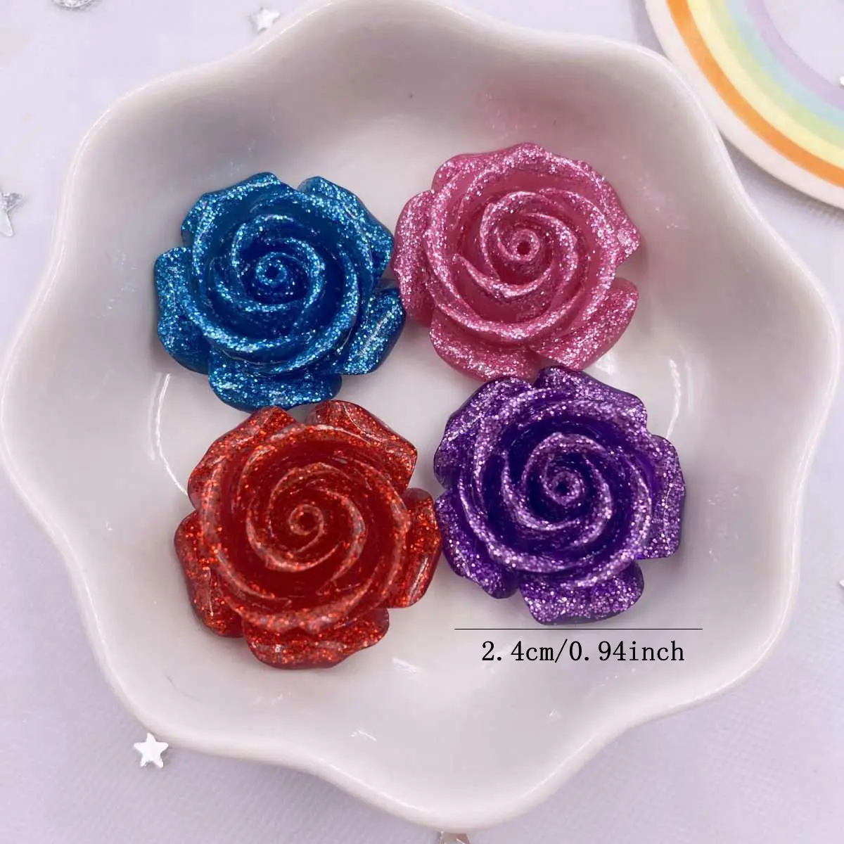 카와이 컬러풀 장미꽃 플랫백 라인스톤 송진, 혼합 24mm 글리터 스크랩북, DIY 활 장식, 쥬얼리 액세서리 공예, 8 개
