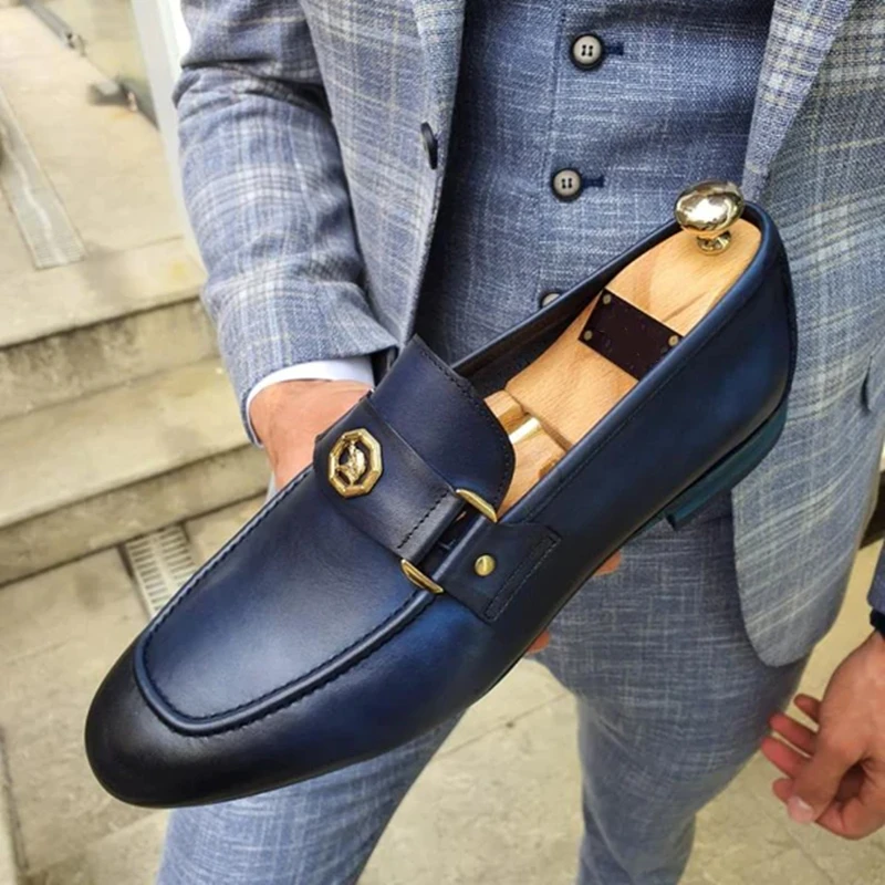 

Blue Men Loafers Shoes Square Toe Slip-On Men Dress Shoes Business Zapatos Hombre Vestir Size 38-48