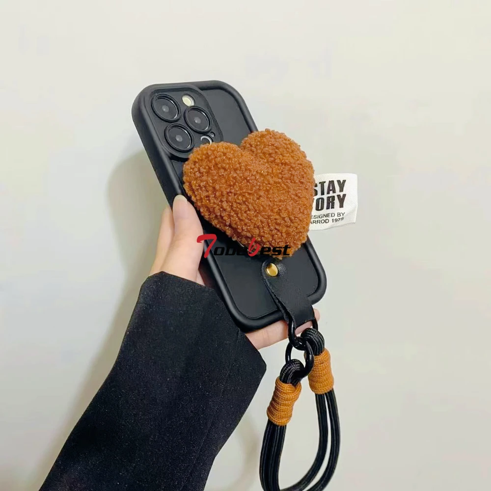 Brown Plush Love Heart Silicone Phone Case - Soft Protective Back Cover