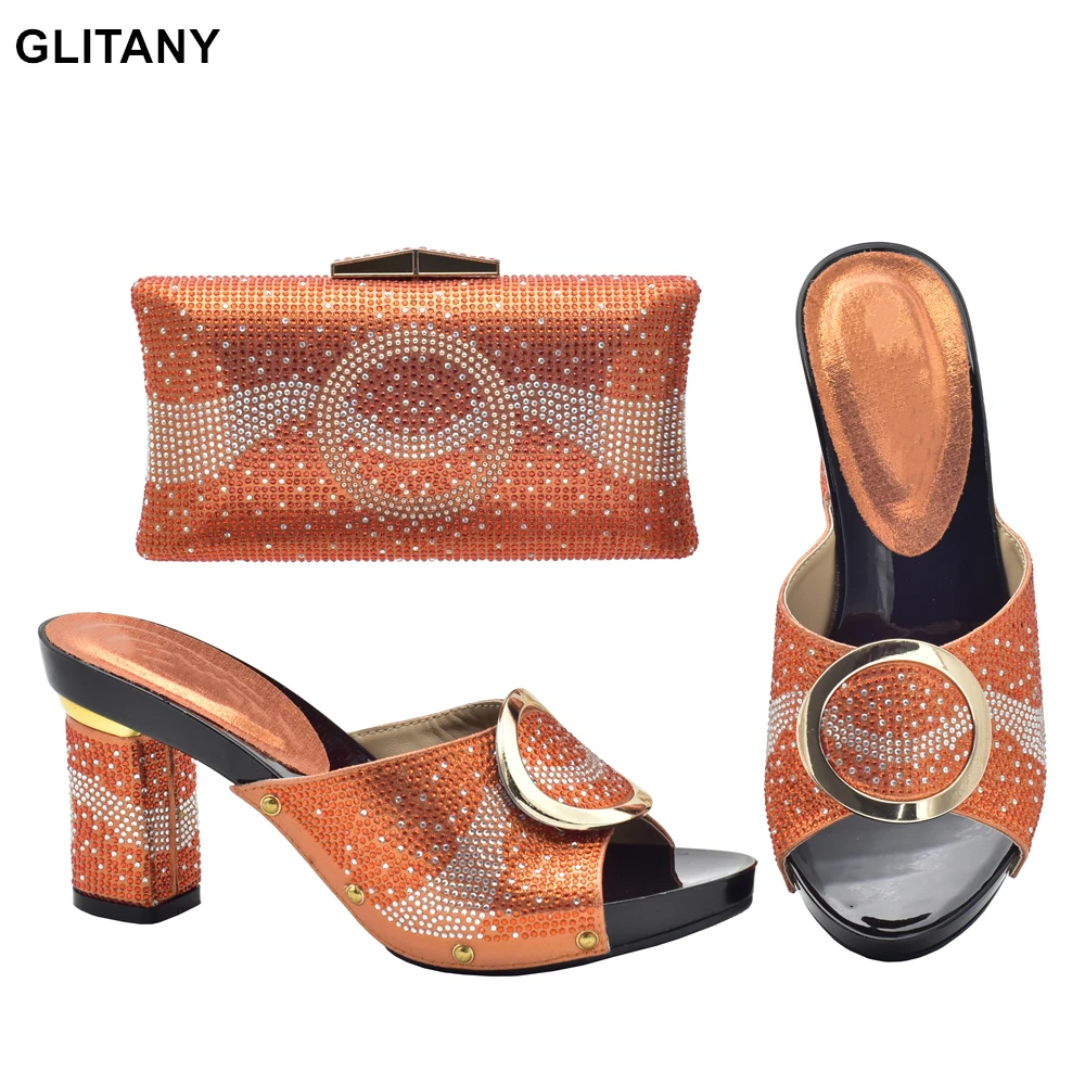 

2023 Latest Sexy Orange Color Ladies Matching Shoe and Bag Italy Womenshoe and Bag To Match Italy Shoe and Bag Set with Diamond