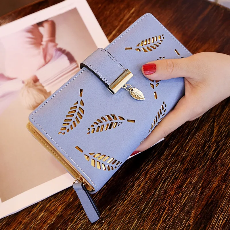2023 New Women Wallet Hollow Golden Leaf Buckle Wallet PU Leather Purse Female Long Wallet Women Coin Purse Card Holders Clutch