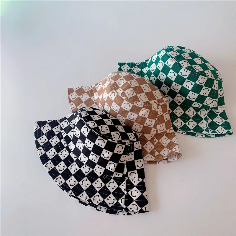 Summer Outdoor Shading Hat Boys Toddler Girls Fashion Casual Plaid Pattern Cute Smiley Print Pattern Children's Hat 2022 New baby accessories box