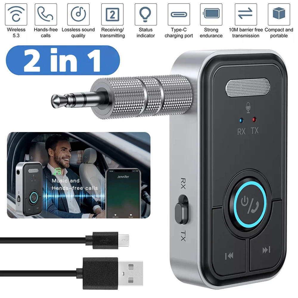 Bluetooth 5.3 Car AUX Audio Adapter Receiver Transmitter 3.5mm Jack AUX Wireless Audio Adapter for Car Earphones TV Speakers