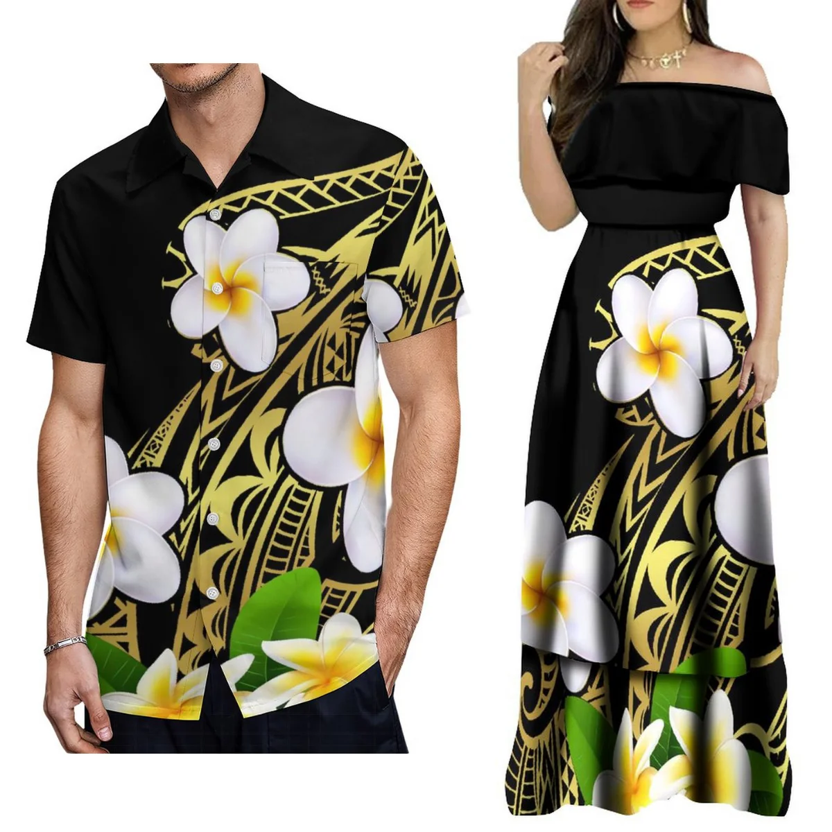 Samoa Combo Short Sleeve Dress And Shirt Hibiscus With Polynesian Pattern Blue Version main image 0