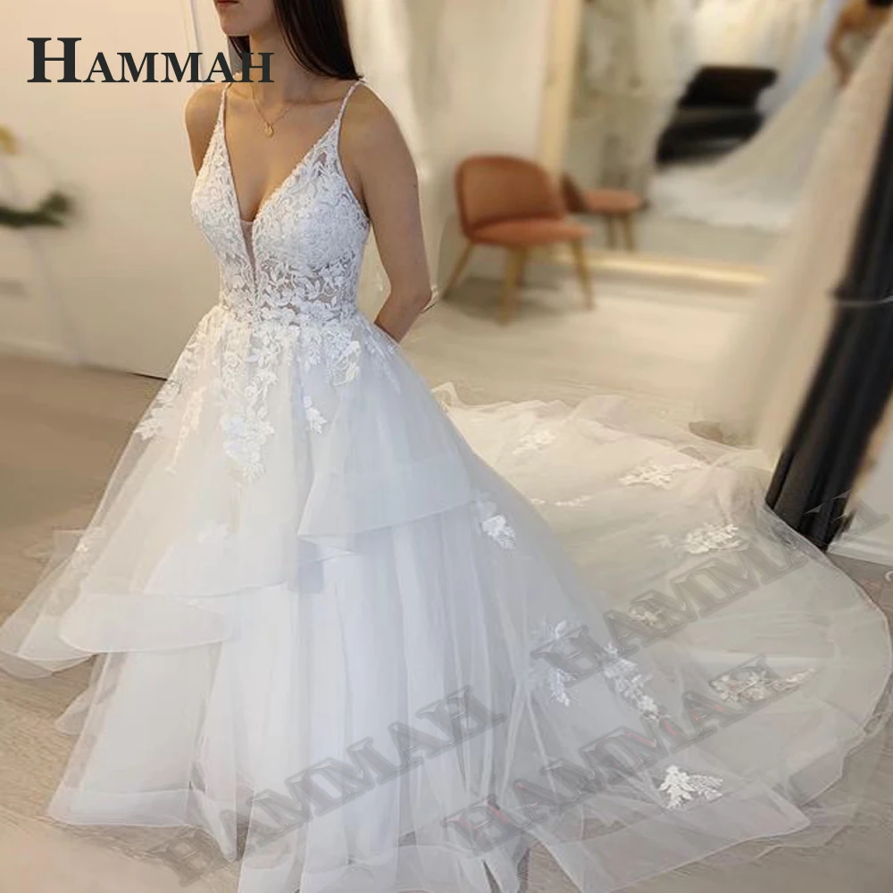 

HAMMAH Spaghetti Strap Wedding Dresses For Women Classic Appliques V Neck Lacing Up Sweep Train Sleeveless Vestidos De Novia