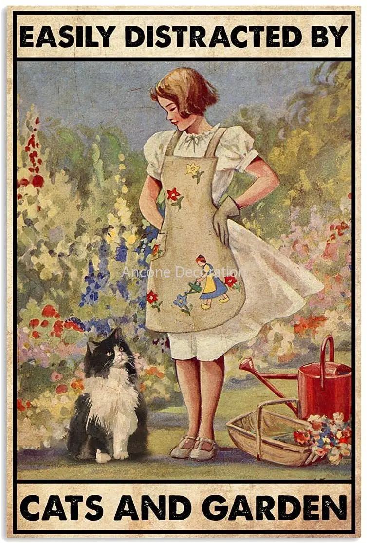 

Cat in The Garden Easily Distracted by Cats and Garden Metal Tin Sign Vintage Aluminum Sign for Home Coffee Wall Decor