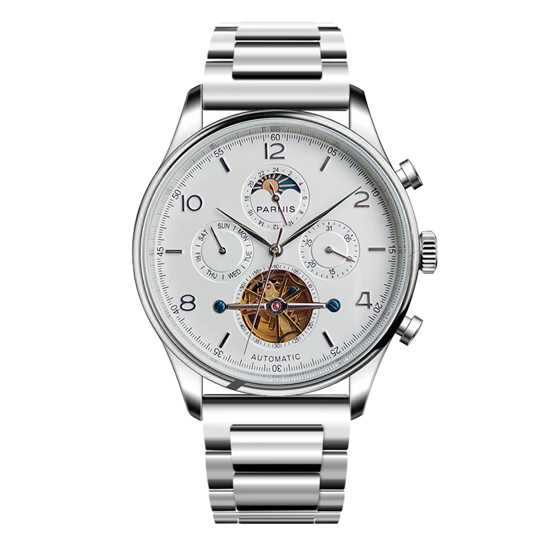 

Fashion Parnis 43mm White Dial Automatic Mechanical Men's Watches Moon Phase Calendar Men Watch For Men montre homme Man Clock