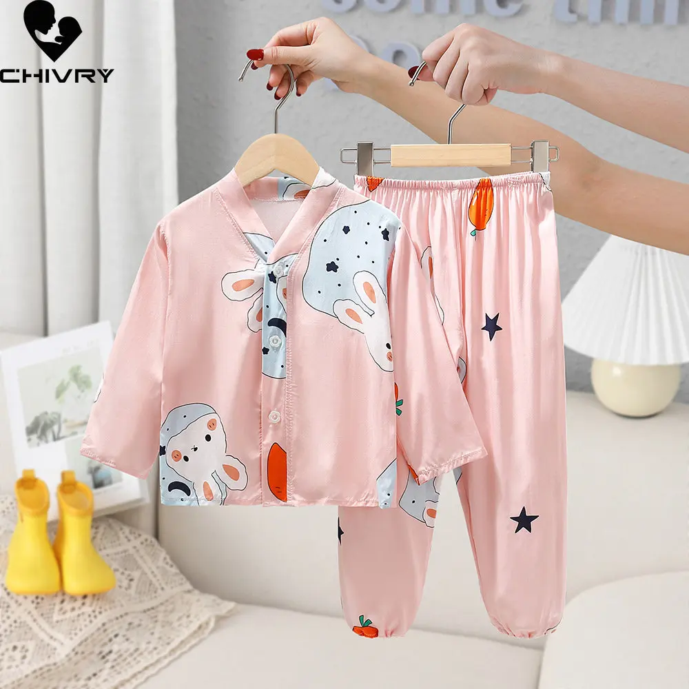 New 2023 Kids Boys Girls Pajamas Fashion Cartoon Print Long Sleeve Shirt Tops with Pants Baby Summer Casual Sleepwear Homewear