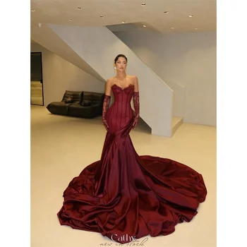 Cathy Customize Burgundy Gorgeous Mermaid Asymmetric Prom Dress Lace Sleeves vestidos de noiva Royal Train Evening Dresses 2025 1