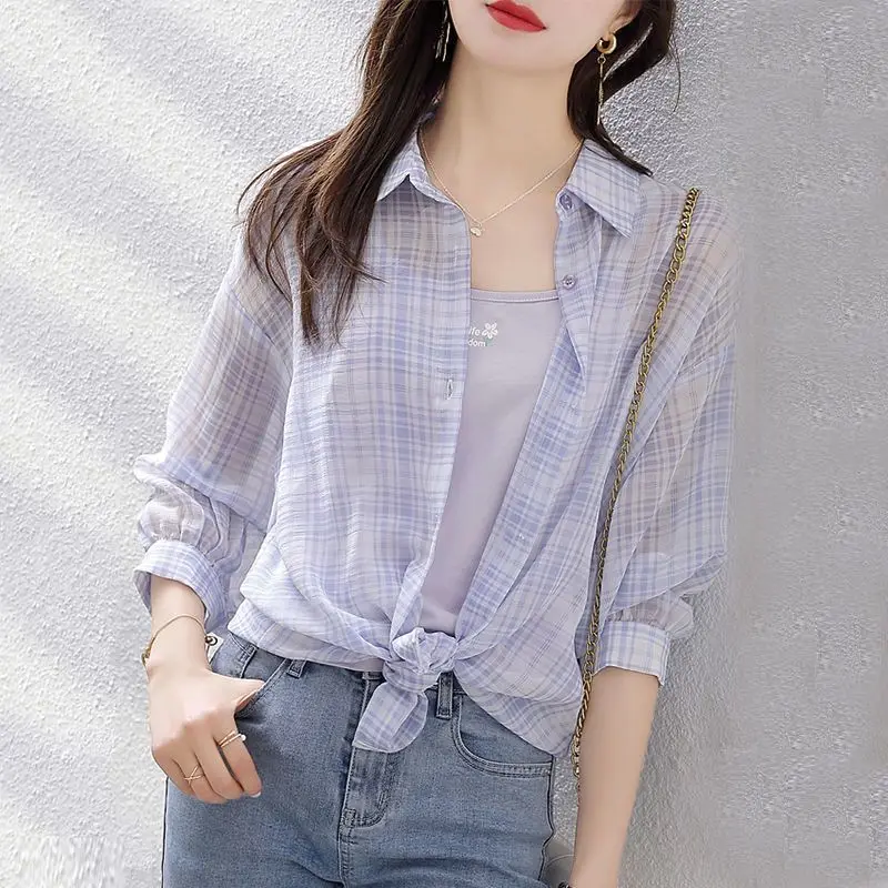 Korean Spring Autumn Womens Clothing Turn-down Collar Plaid Print Blouses Fashion Chiffon Three Quarter Sleeve Button Chic Shirt