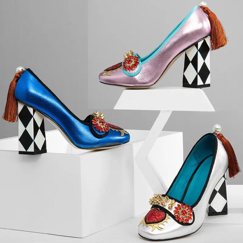 

Mixed Color Crystal Pattern Tassels Pumps Chunky Heel Fashion Sexy 2023 Summer Casual Big Size Woman Shoes Zapatillas Mujer