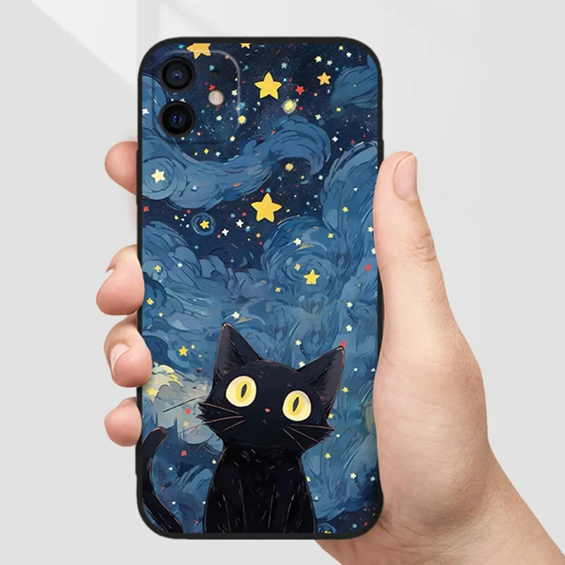 Artistic Black Cat Starry Night Phone Case For iPhone 15 14 13 12 11 Pro Max 12 13 Mini XS Max XR SE3 8 14 Plus Soft Shell Cover