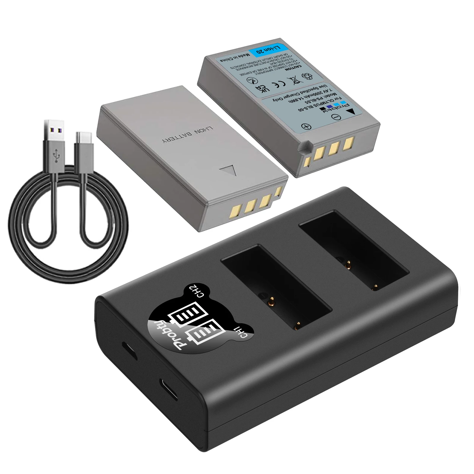 DuraPro 2-Pack 2000mAh PS-BLS5 Batteries + LCD USB Charger - Compatible With Olympus BLS-5, BLS-50, OM-D E-M10, PEN Series