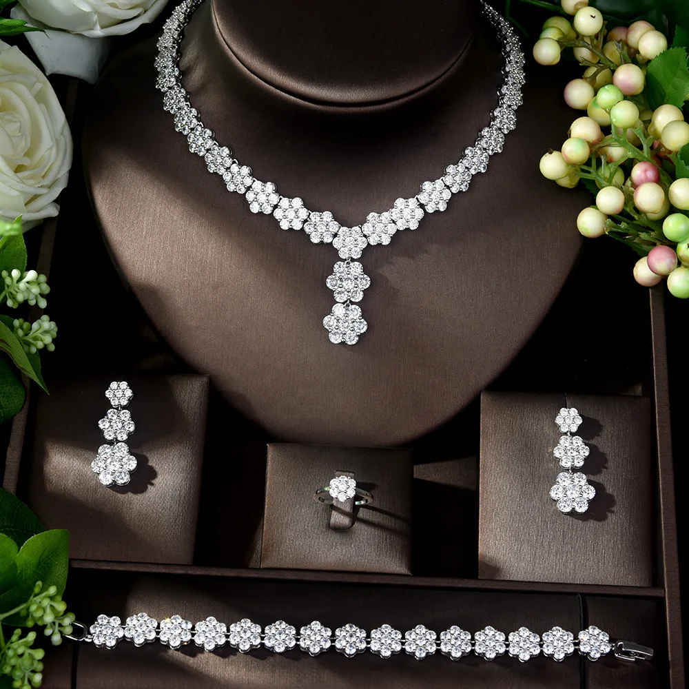 

Fashion Luxury White Color Flower Shape Design Women Bridal Jewelry Set Dress Necklace Earring Jewelry Set for Party Gits N-1043
